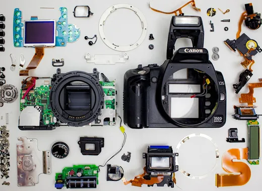Electronics repair workshop with components
